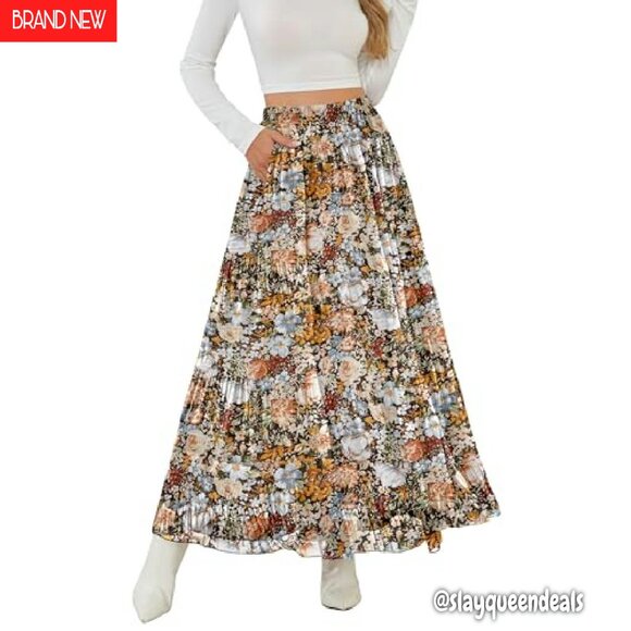 High Waisted Maxi Skirt with Pockets A-Line Pleated Long Skirt - Picture 3 of 8